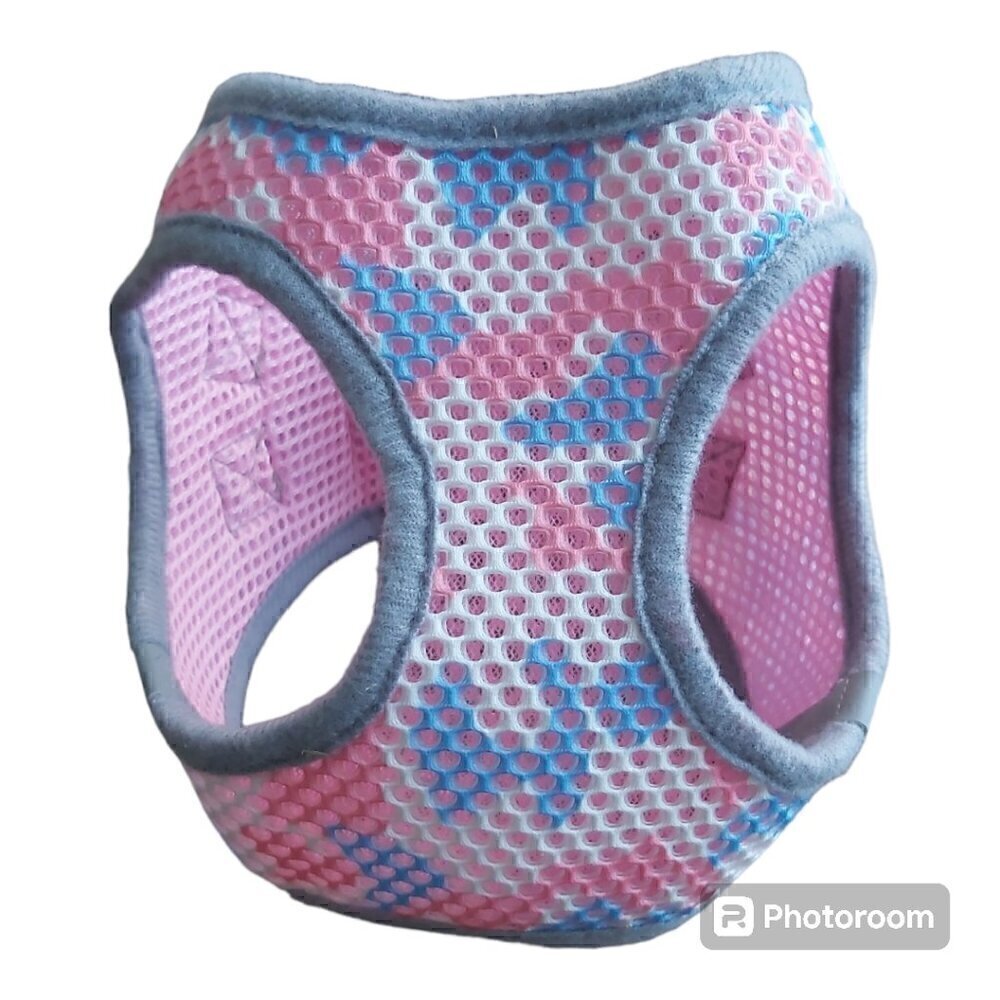 XS Pink/Blue/White Dog Harness with Safety Lock, Hook and Loop Closure, Dbl Loop